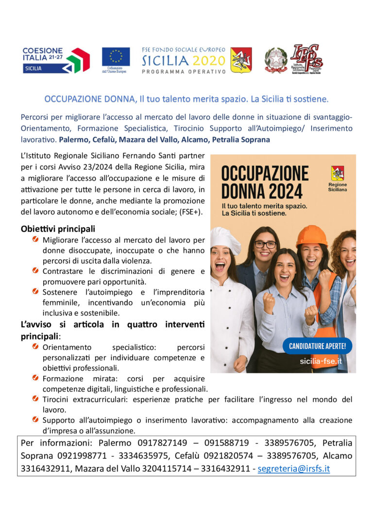 Occupazione Donna Avviso 23/2024. Approvati i due progetti a Cefalù